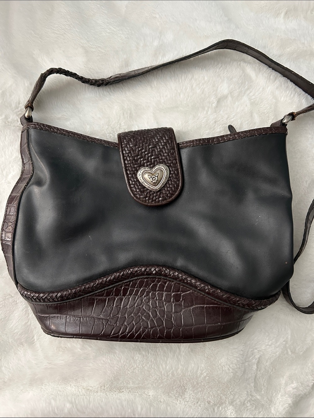 Two-Tone Black and Dark Brown Shoulder Bag with Heart Accent
